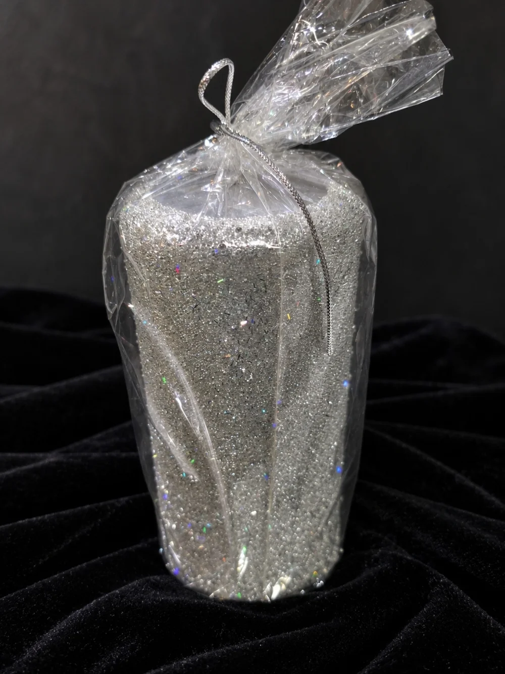 Vtg Pottery Barn Silver Glitter Pillar Candle New in Original Wrap Read 3x6 Read